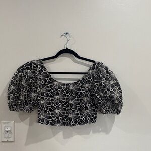 Floral Puff Sleeve Top - Black and White